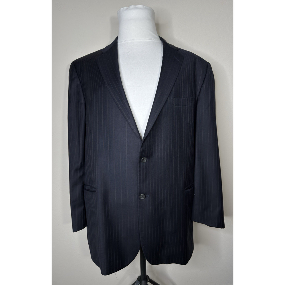 Burberry Men's 52L 100% Wool Suit Jacket Pinstripe Blue Long Double Vent VTG
